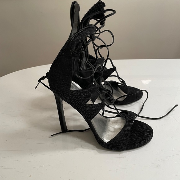 Stuart Weitzman black leather wrap suede strappy sandals - 4.5 inch heels - Picture 14 of 14